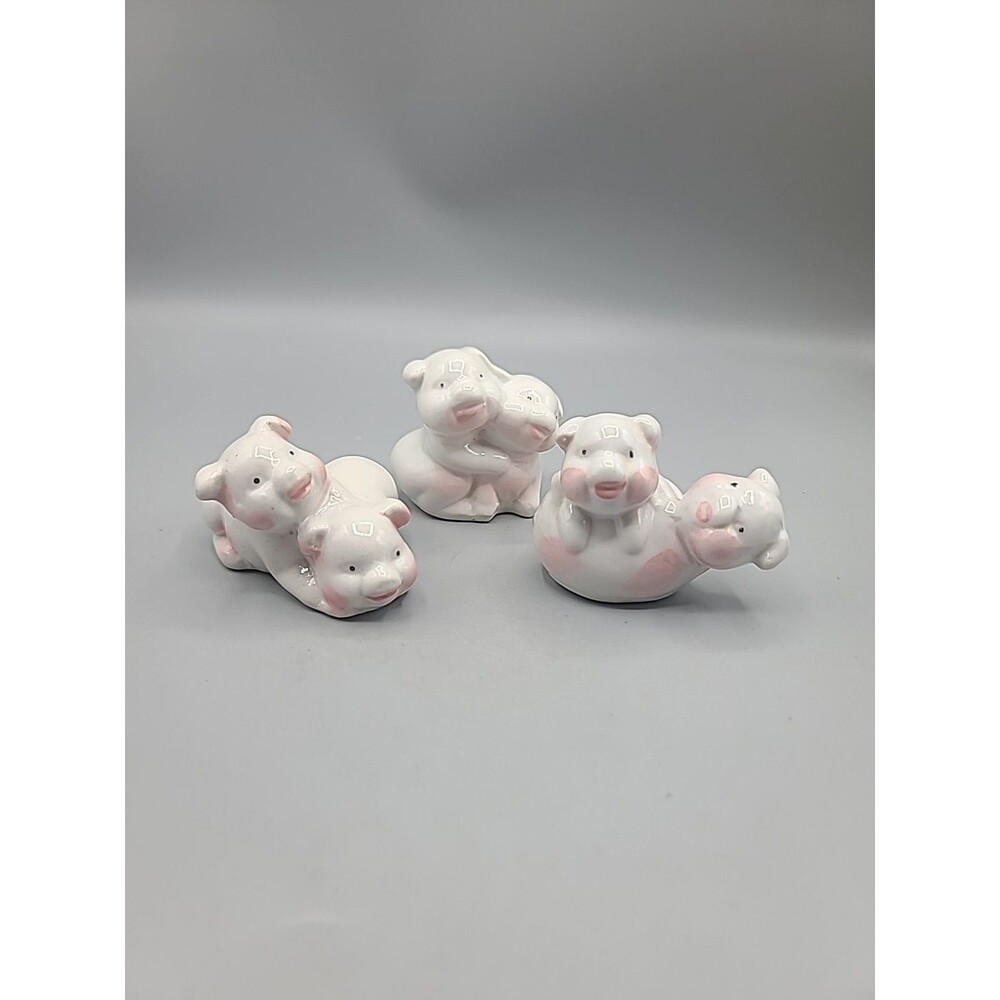 Vintage Ceramic Pink White 6 Pigs Playing Hugging Figurines Set of 3